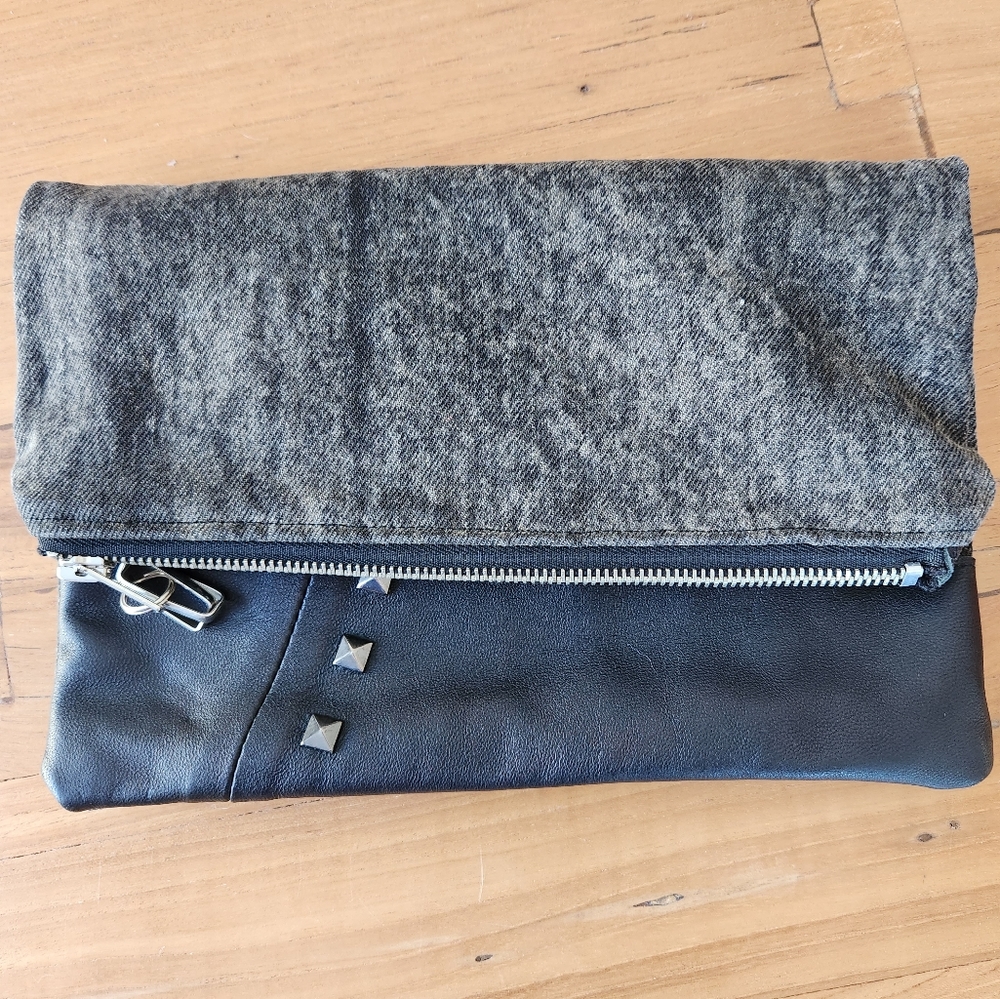 Jool Leather and Denim Clutch